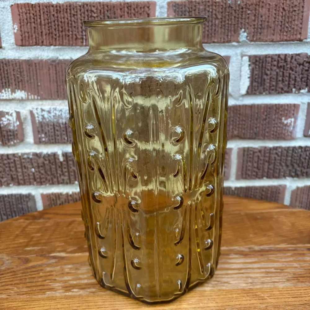 Le Smith Atterbury Scroll Amber Glass Vase Canister Vtg MCM No lid Replacement